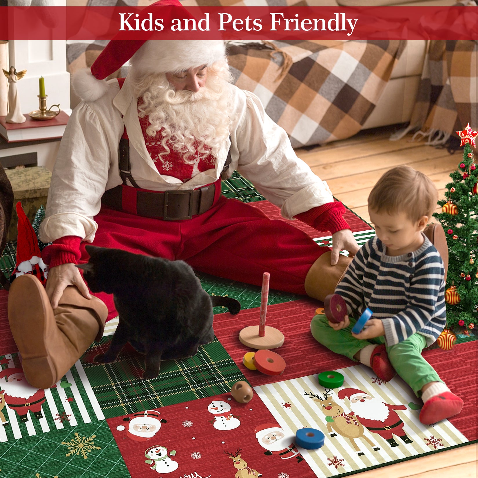 Garvee Washable Area Rug 8x10 Rug Christmas Rug Non Slip Living Room Rug Santa Claus Soft Large Area Rug for Bedroom Low Pile Stain Resistant Carpet for Nursery Office Plaid Patchwork 8'x10'