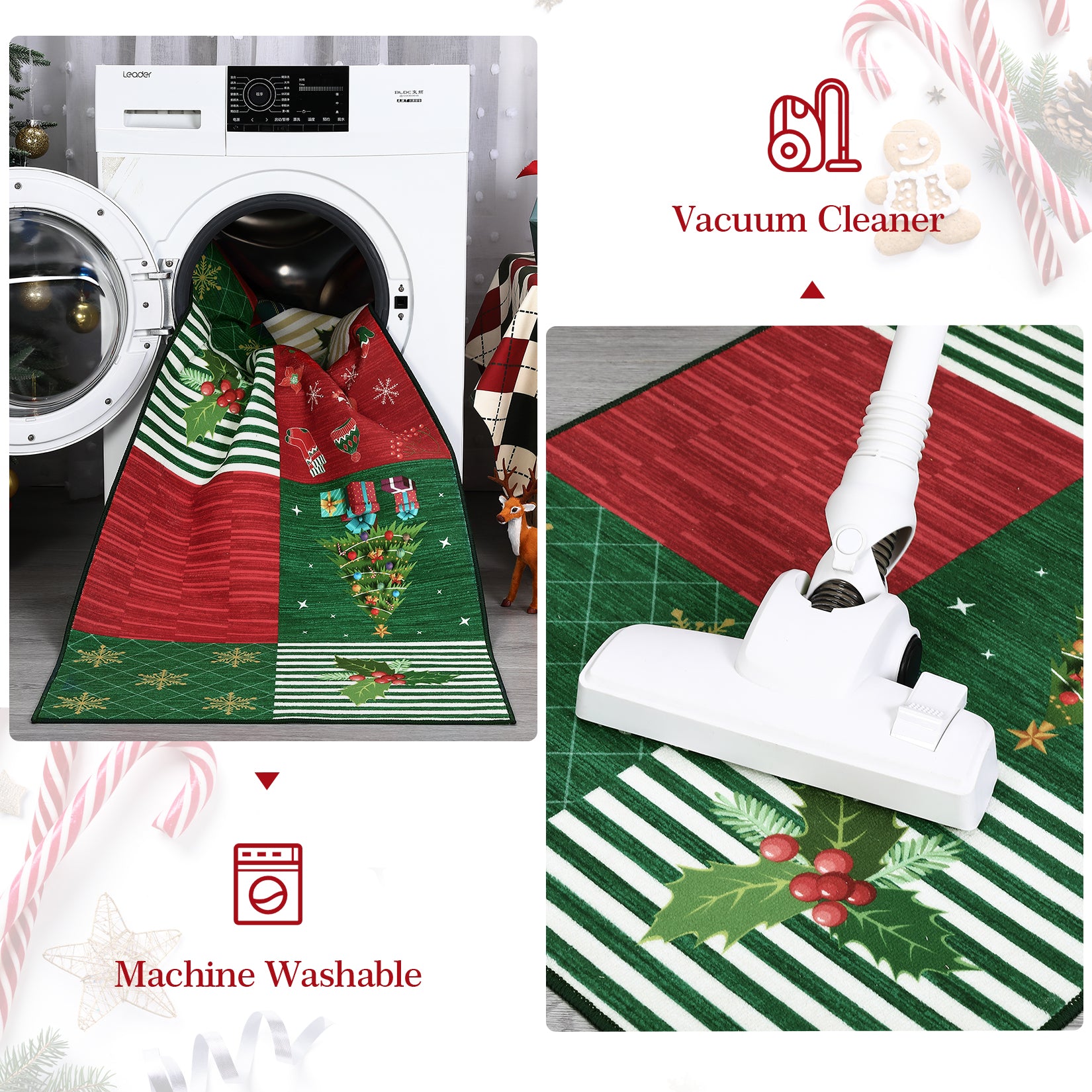 Garvee Christmas Runner Rug 2x6 Hallway Rug Xmas Red Runner Kitchen Rug Washable Rug Non Slip Carpet Snowman Stocking Santa Claus Soft Rug for Bathroom Laundry Living Room 2'x6' Plaid Patchwork