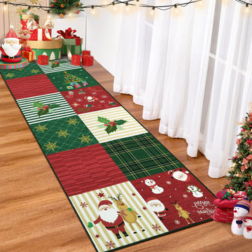 Garvee Christmas Runner Rug 2x6 Hallway Rug Xmas Red Runner Kitchen Rug Washable Rug Non Slip Carpet Snowman Stocking Santa Claus Soft Rug for Bathroom Laundry Living Room 2'x6' Plaid Patchwork