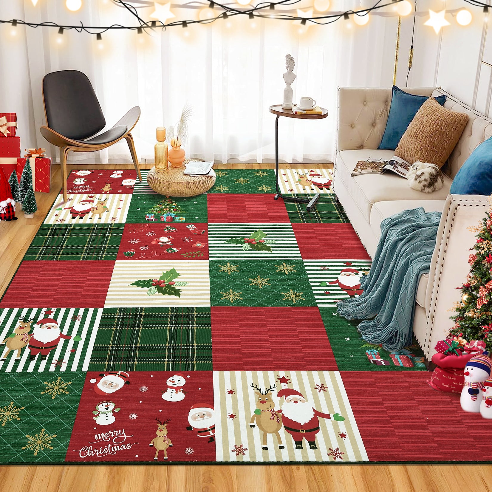 Garvee Washable Area Rug 8x10 Rug Christmas Rug Non Slip Living Room Rug Santa Claus Soft Large Area Rug for Bedroom Low Pile Stain Resistant Carpet for Nursery Office Plaid Patchwork 8'x10'