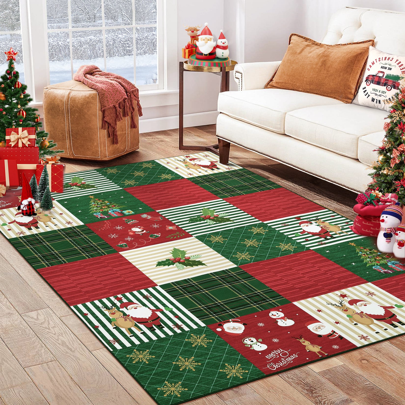 Garvee Christmas Rug 9x12 Area Rug for Living Room Washable Rug Plaid Rug Santa Claus Stripe Patchwork Non Slip Carpet Soft Stain Resistant Large Area Rug for Bedroom Dining Room Classroom 9'x12'