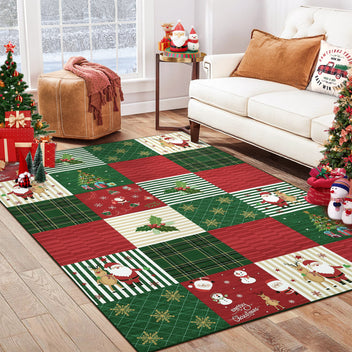 Garvee Christmas Area Rug 4x6 Rug Washable Rug Xmas Deer Santa Claus Holiday Decor Small Rug Entryway Rug Non Slip Carpet Soft Low Pile Accent Rugs for Nursery Living Room 4'x6' Plaid Patchwork