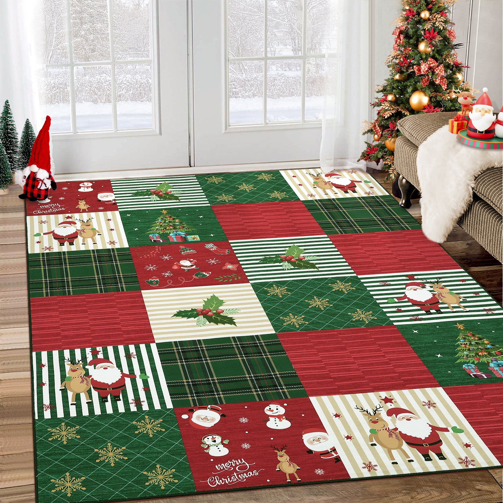 Garvee Washable Area Rug 8x10 Rug Christmas Rug Non Slip Living Room Rug Santa Claus Soft Large Area Rug for Bedroom Low Pile Stain Resistant Carpet for Nursery Office Plaid Patchwork 8'x10'
