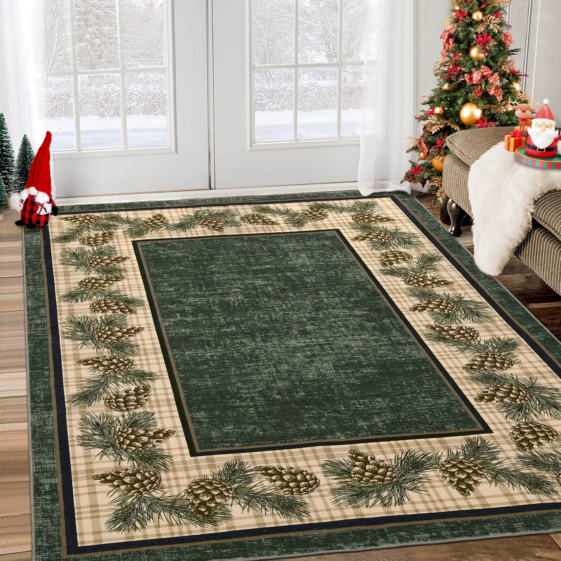Garvee Washable Rug 5x7 Area Rug for Living Room Green Plaid Rug Christmas Rug with Pinecorn Non Slip Soft Accent Rug for Bedroom Stain Resistant Carpet for Nursery Office Plaid|Green 5'x7'