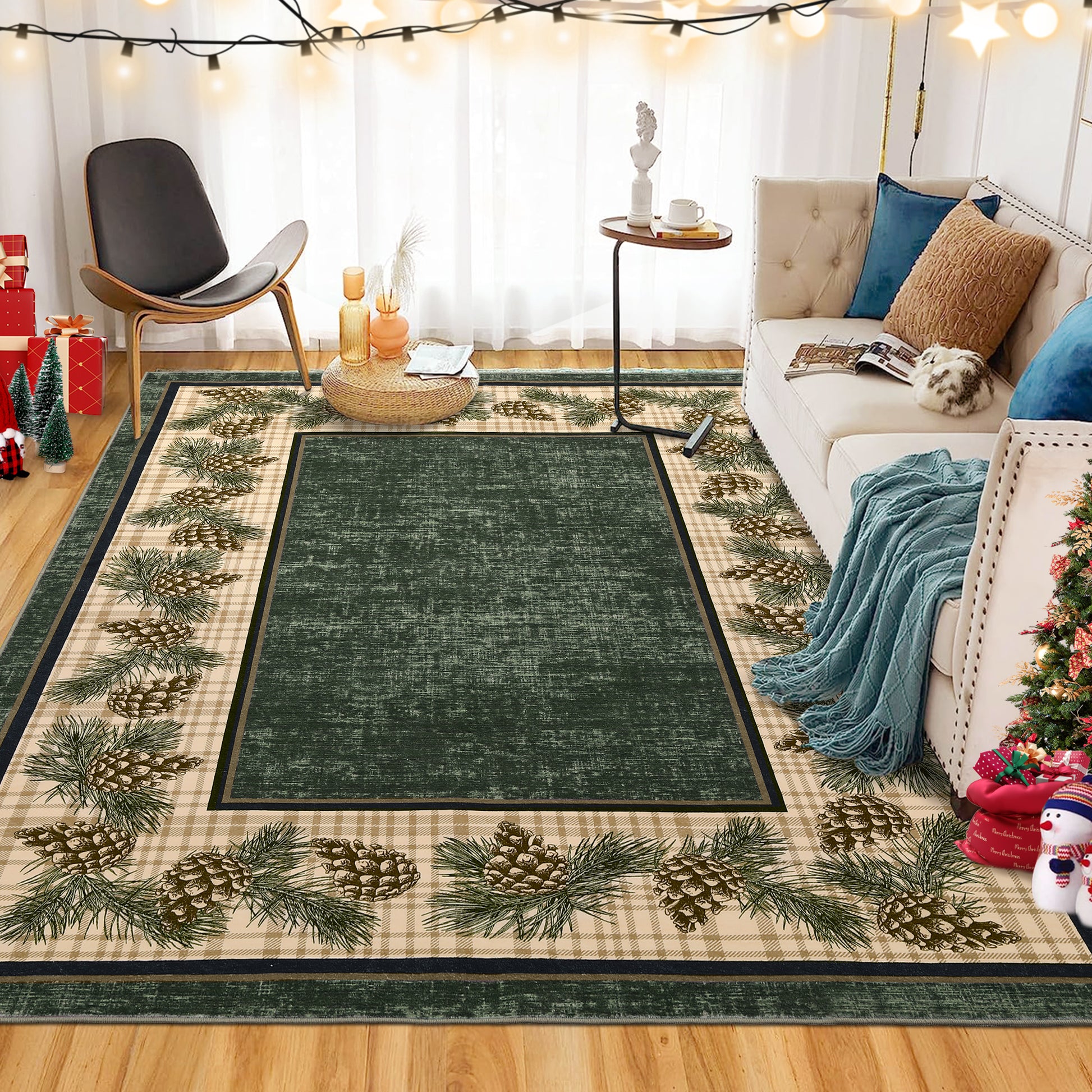 Garvee Washable Rug 5x7 Area Rug for Living Room Green Plaid Rug Christmas Rug with Pinecorn Non Slip Soft Accent Rug for Bedroom Stain Resistant Carpet for Nursery Office Plaid|Green 5'x7'