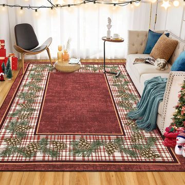 Garvee Washable Area Rug 4x6 Christmas Rug Pinecone Xmas Decor Non Slip Entryway Rug Plaid Living Room Rug Soft Accent Rug for Bedroom Stain Resistant Carpet for Nursery Office Border|Red 4'x6'