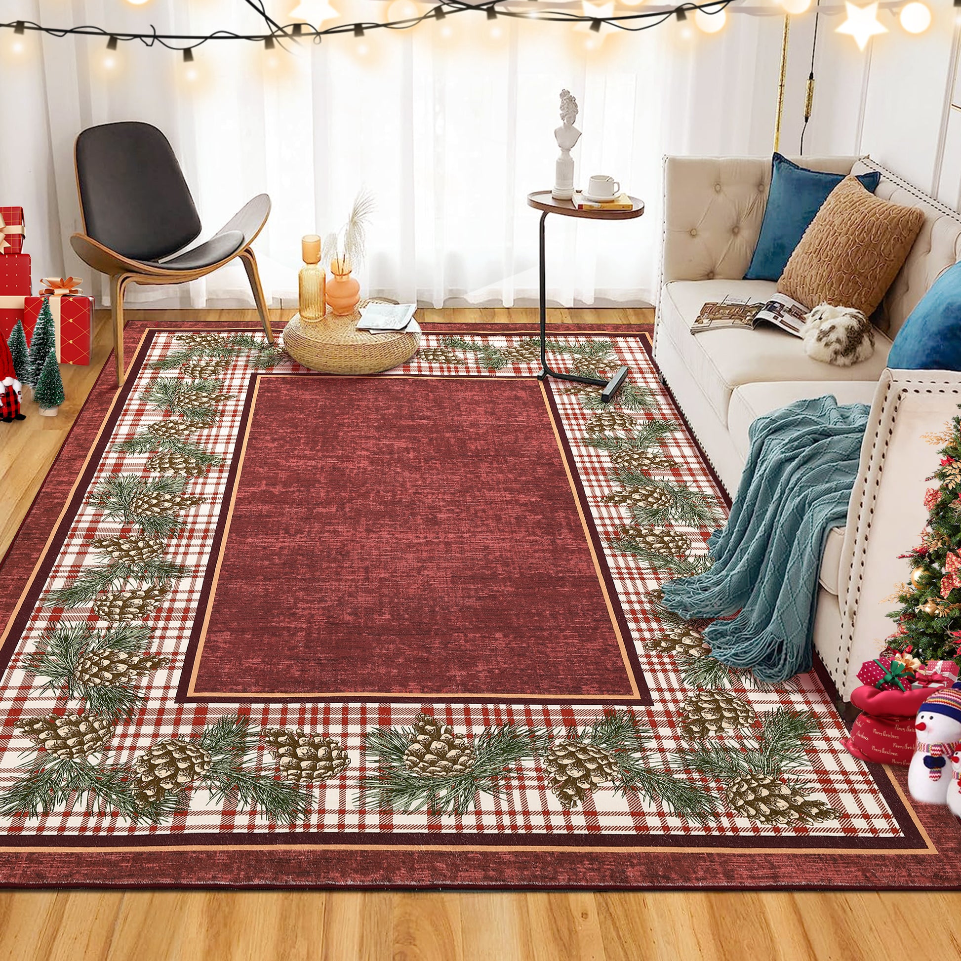 Garvee Washable Area Rug 6x9 for Living Room Christmas Rug Red Plaid Rug with Pinecone, Non Slip Soft Accent Rug for Bedroom Low Pile Stain Resistant Carpet for Nursery Office Border|Red 6'x9'