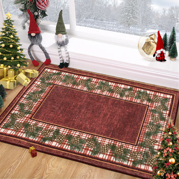 Garvee Christmas Door Mat 2x3 Washable Plaid Area Rug Xmas Doormat Non Slip Kitchen Rugs Bath Mat Low Pile Entryway Rug Home Decor Soft Stain Resistant Carpet for Laundry Entance Border|Red 2'x3'