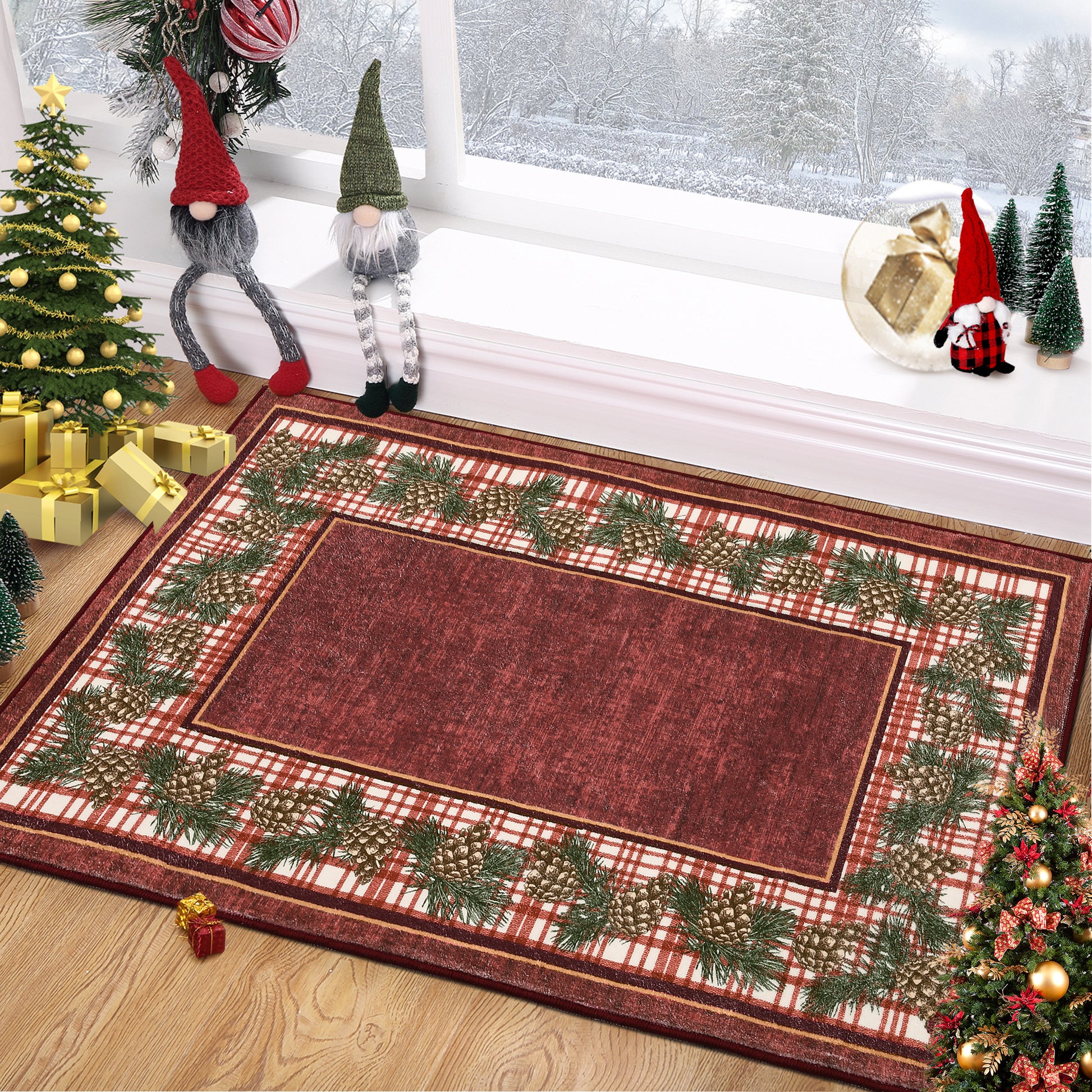 Garvee Christmas Door Mat 2x3 Washable Plaid Area Rug Xmas Doormat Non Slip Kitchen Rugs Bath Mat Low Pile Entryway Rug Home Decor Soft Stain Resistant Carpet for Laundry Entance Border|Red 2'x3'