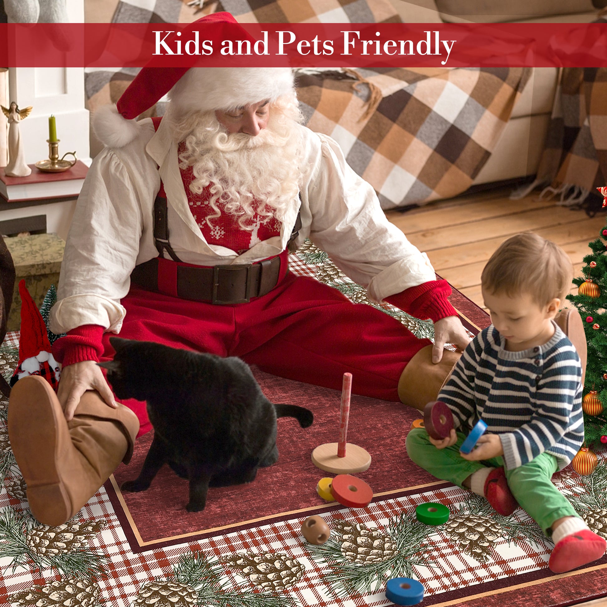 Garvee Christmas Door Mat 2x3 Washable Plaid Area Rug Xmas Doormat Non Slip Kitchen Rugs Bath Mat Low Pile Entryway Rug Home Decor Soft Stain Resistant Carpet for Laundry Entance Border|Red 2'x3'