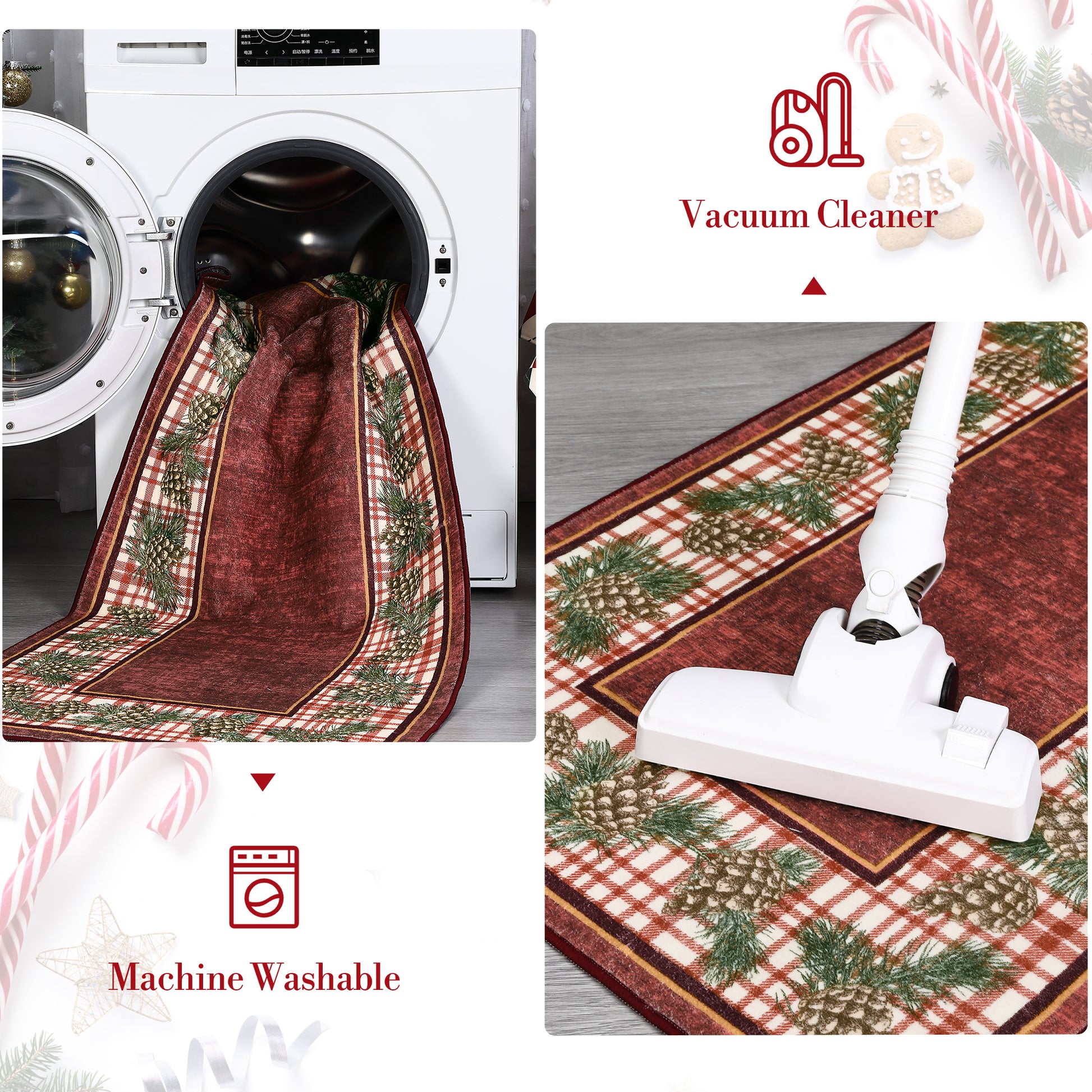 Garvee Washable Area Rug 4x6 Christmas Rug Pinecone Xmas Decor Non Slip Entryway Rug Plaid Living Room Rug Soft Accent Rug for Bedroom Stain Resistant Carpet for Nursery Office Border|Red 4'x6'