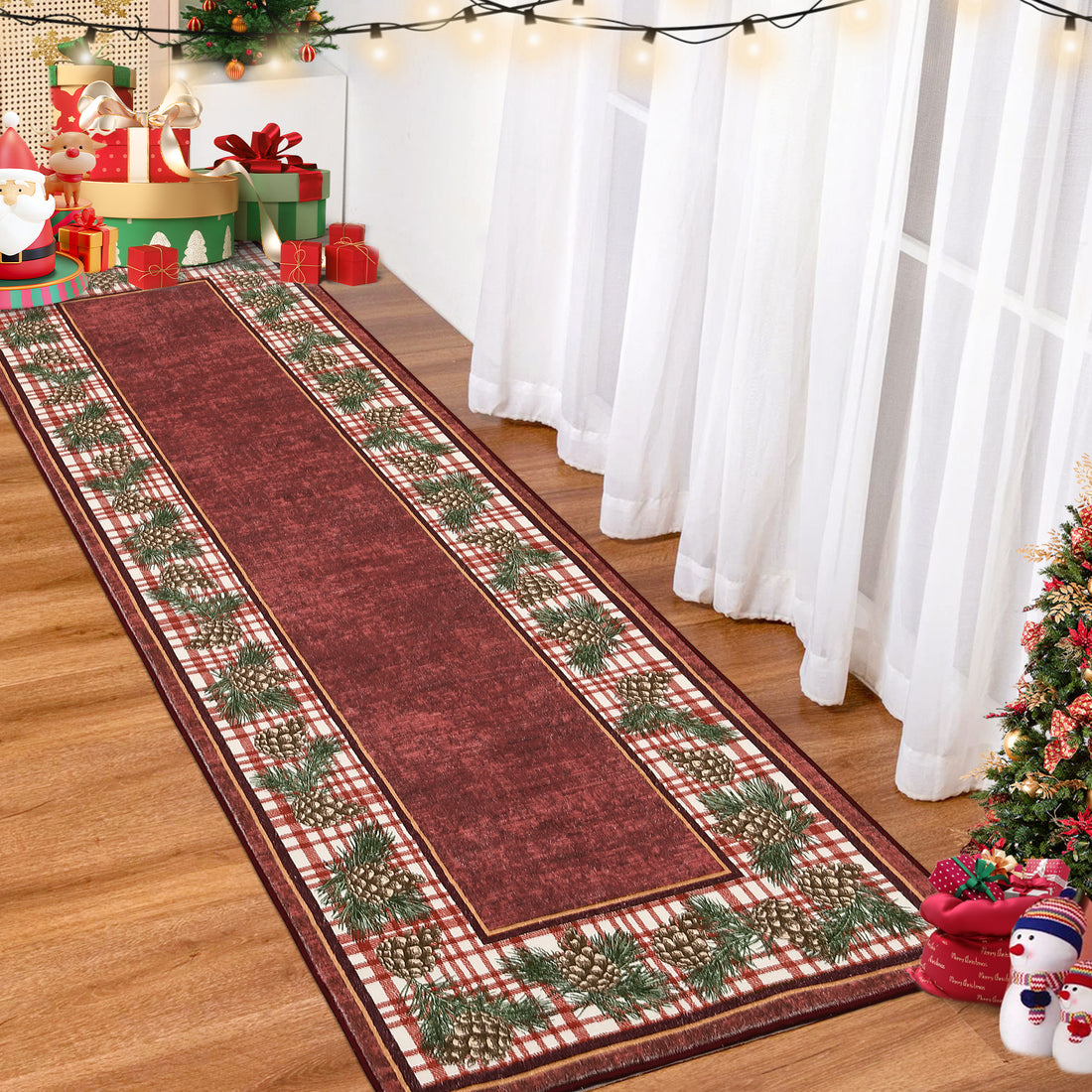 Garvee Christmas Runner Rug 2x6 Washable Plaid Area Rug Xmas Decor Pinecone Non Slip Kitchen Rugs Bath Mat Low Pile Entryway Rug Soft Stain Resistant Carpet for Laundry Entance