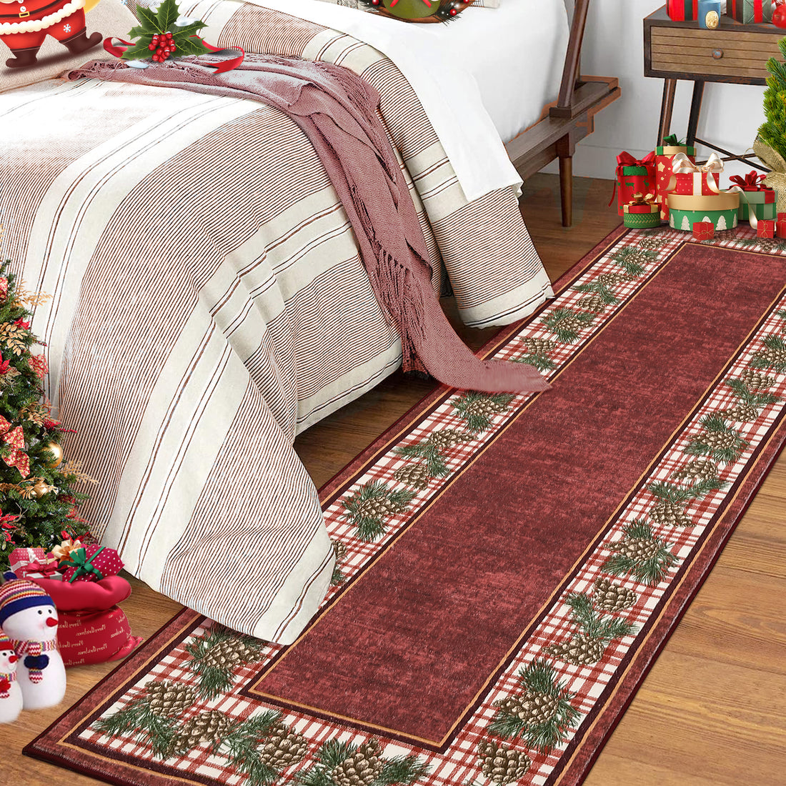 Garvee Christmas Runner Rug 2x6 Washable Plaid Area Rug Xmas Decor Pinecone Non Slip Kitchen Rugs Bath Mat Low Pile Entryway Rug Soft Stain Resistant Carpet for Laundry Entance