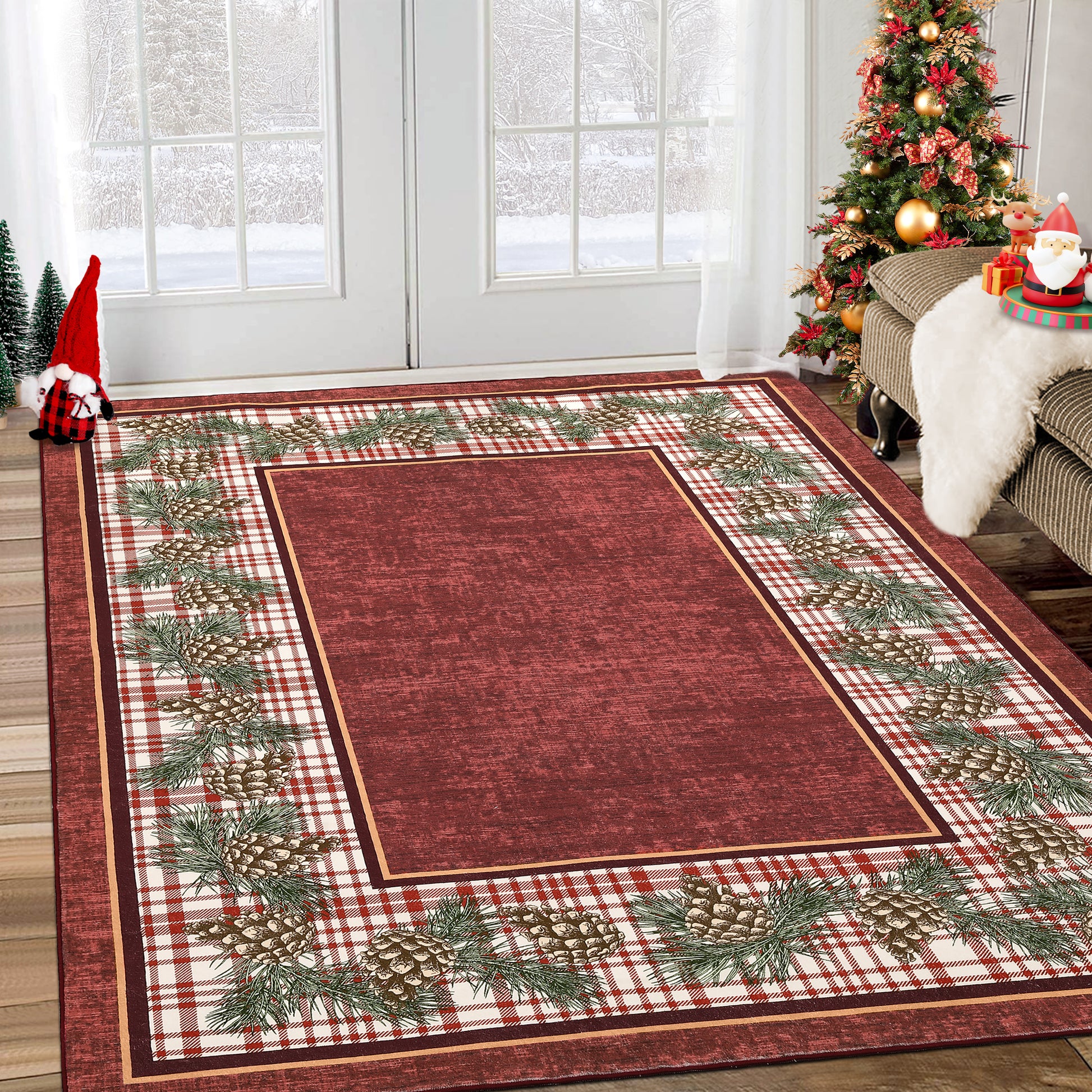 Garvee Washable Area Rug 6x9 for Living Room Christmas Rug Red Plaid Rug with Pinecone, Non Slip Soft Accent Rug for Bedroom Low Pile Stain Resistant Carpet for Nursery Office Border|Red 6'x9'