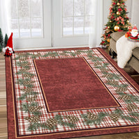 Garvee Washable Area Rug 6x9 for Living Room Christmas Rug Red Plaid Rug with Pinecone, Non Slip Soft Accent Rug for Bedroom Low Pile Stain Resistant Carpet for Nursery Office Border|Red 6'x9'