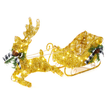 Garvee Gold Reindeer and Sleigh Set for Christmas decorations, Metal Frame Christmas Elk Ornaments, Iron Xmas Centerpiece for Indoor Home Decor, Holiday Display
