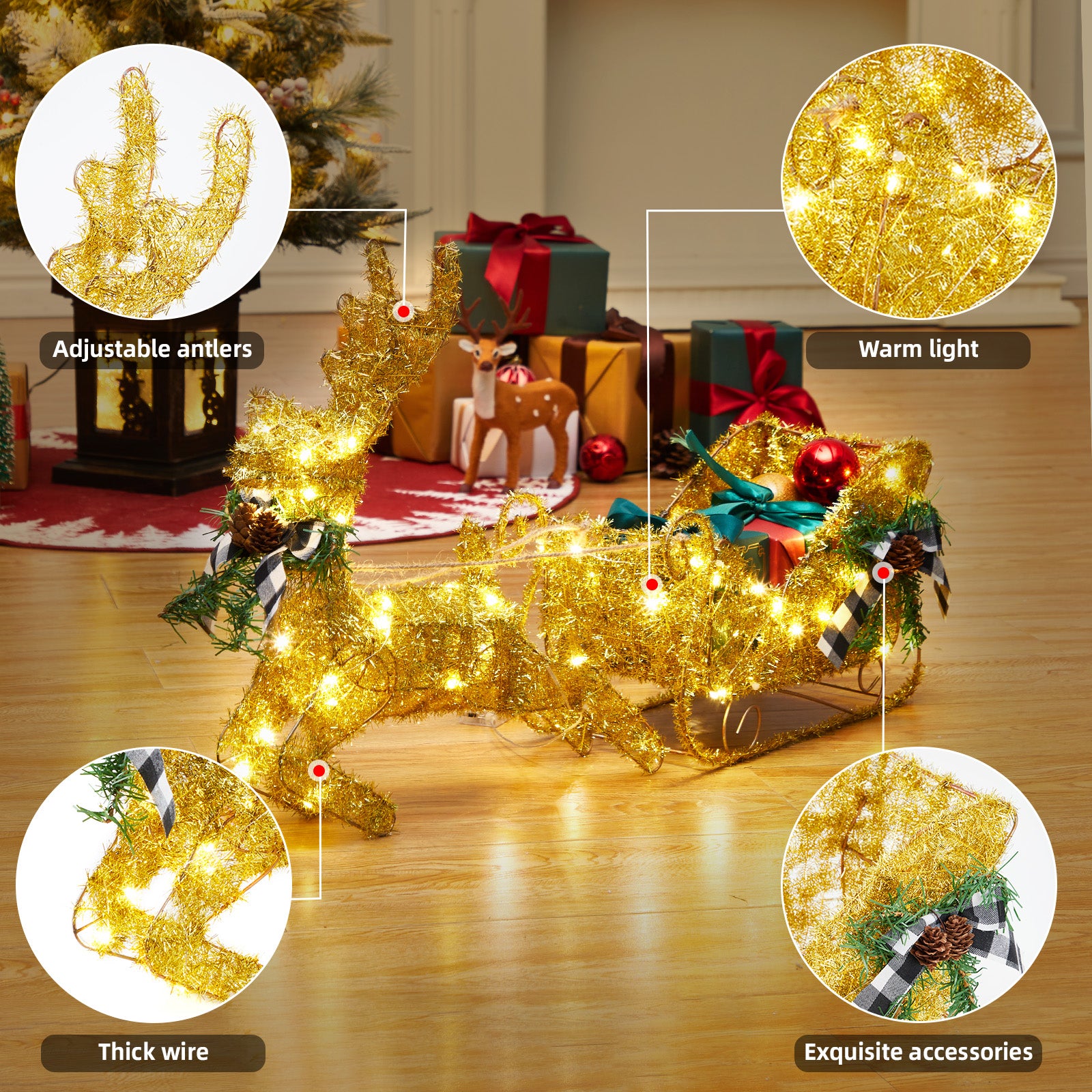 Garvee Gold Reindeer and Sleigh Set for Christmas decorations, Metal Frame Christmas Elk Ornaments, Iron Xmas Centerpiece for Indoor Home Decor, Holiday Display