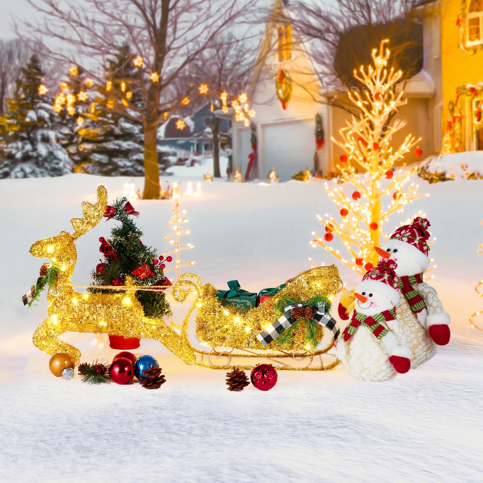 Garvee Gold Reindeer and Sleigh Set for Christmas decorations, Metal Frame Christmas Elk Ornaments, Iron Xmas Centerpiece for Indoor Home Decor, Holiday Display