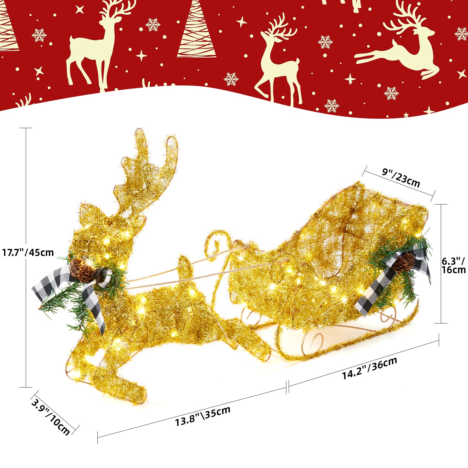 Garvee Gold Reindeer and Sleigh Set for Christmas decorations, Metal Frame Christmas Elk Ornaments, Iron Xmas Centerpiece for Indoor Home Decor, Holiday Display