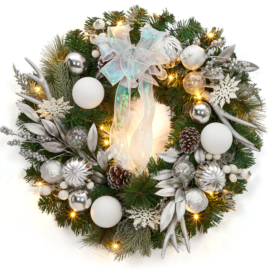 Garvee Pre-Lit Artificial Christmas Wreath, Xmas Decorated with Silver White Ball Ornaments Pine Cones, Ribbon Bow, Outdoor Lighted Christmas Wreath for Front Door