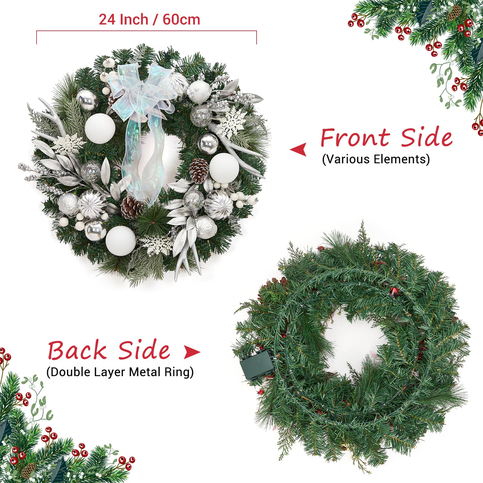 Garvee Pre-Lit Artificial Christmas Wreath, Xmas Decorated with Silver White Ball Ornaments Pine Cones, Ribbon Bow, Outdoor Lighted Christmas Wreath for Front Door