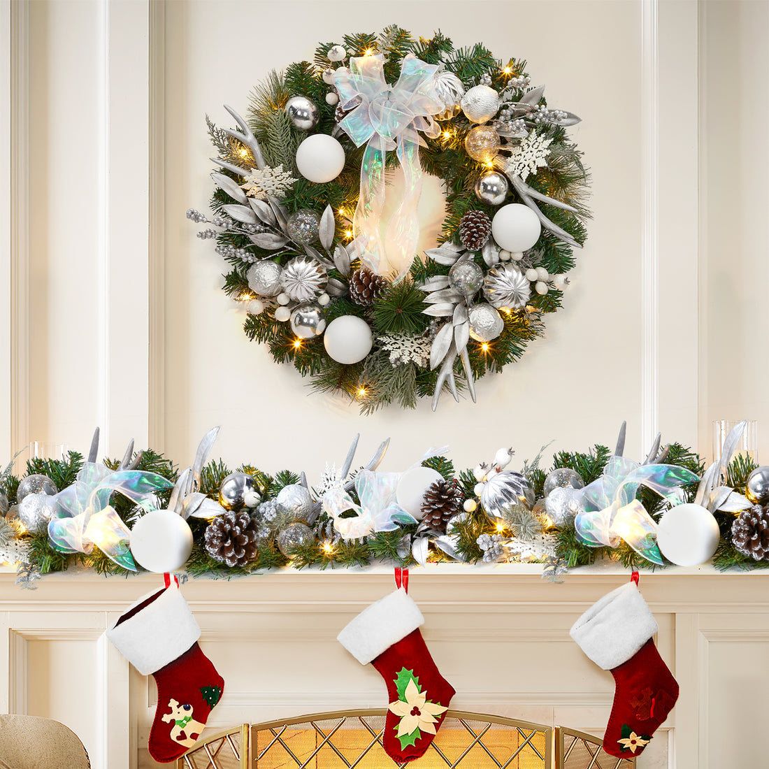 Garvee Pre-Lit Artificial Christmas Wreath, Xmas Decorated with Silver White Ball Ornaments Pine Cones, Ribbon Bow, Outdoor Lighted Christmas Wreath for Front Door