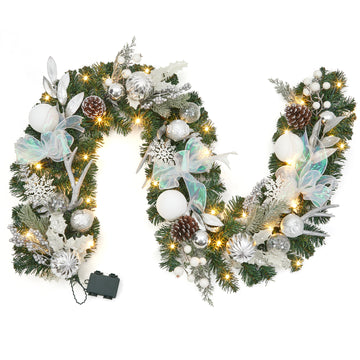 Garvee 6 Ft Prelit Christmas Garland with 20 LED Lights, Battery Operated, PE PVC Material, Snowflake Pine Cone Decor, Indoor Outdoor Staircase Fireplace