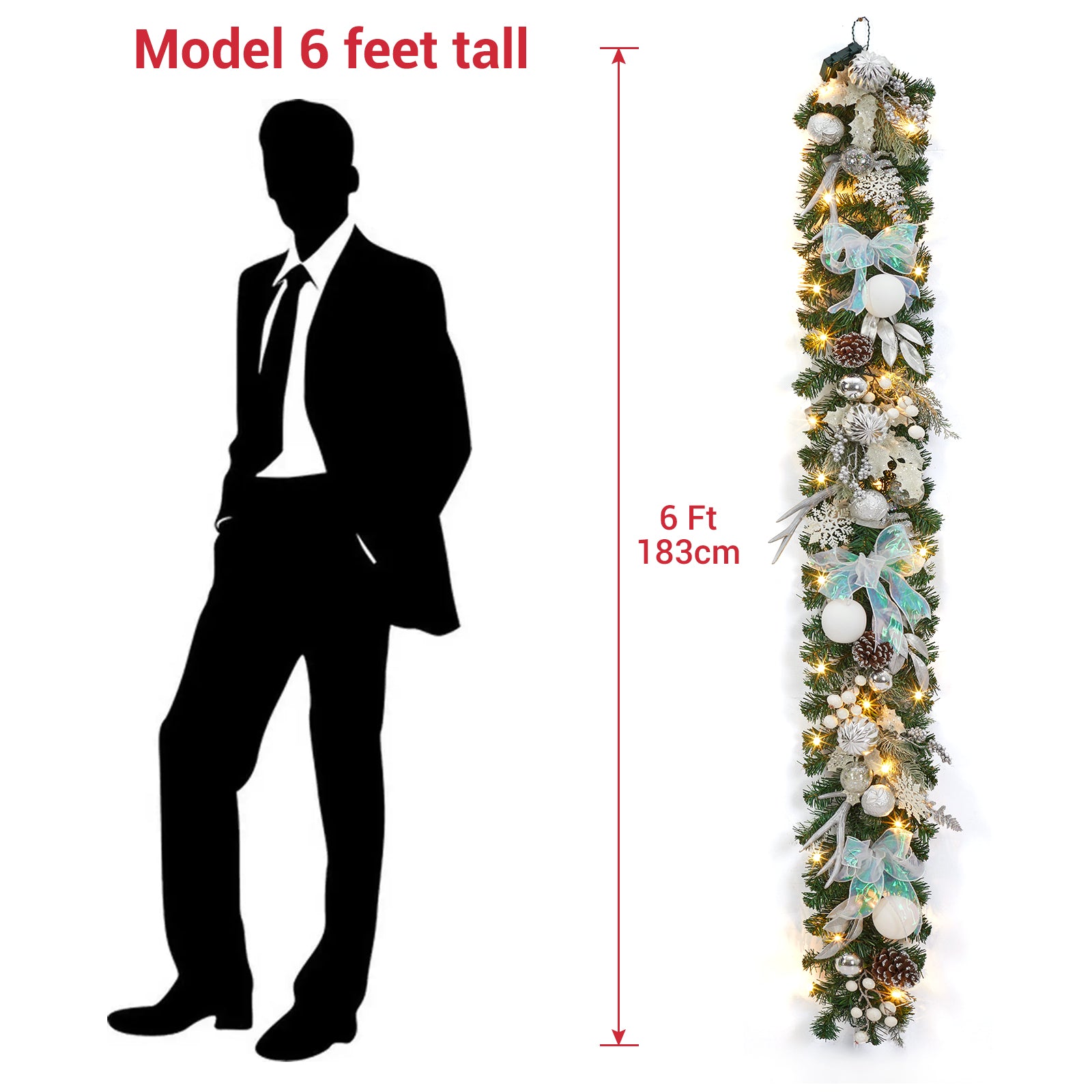 Garvee 6 Ft Prelit Christmas Garland with 20 LED Lights, Battery Operated, PE PVC Material, Snowflake Pine Cone Decor, Indoor Outdoor Staircase Fireplace