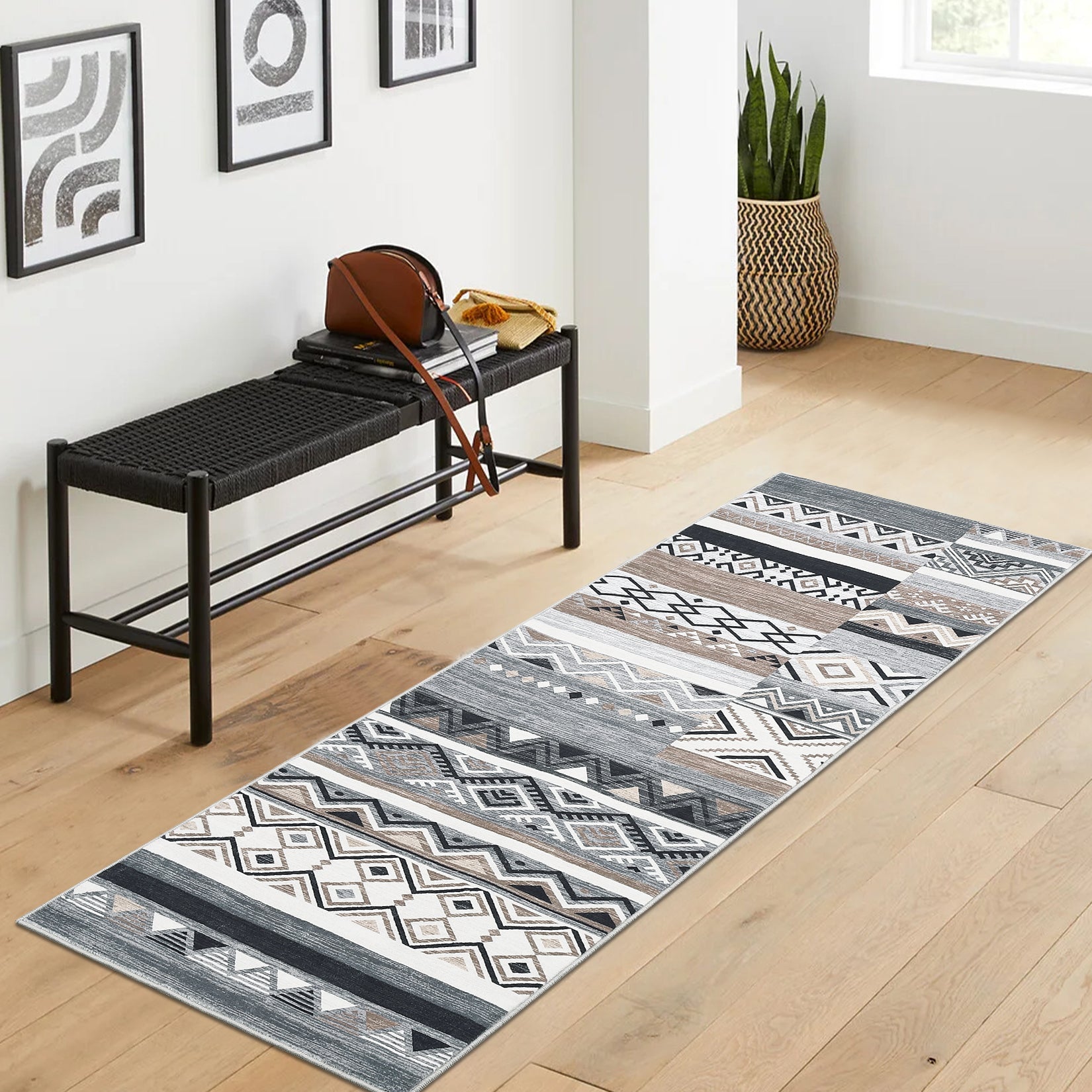 Garvee 2x6 Hallway Runner Rugs Washable Rug Tribal Farmhouse Neutral Rug Geometric Rug Low Pile Non-Slip Soft Rug for Entryway Bedroom Laundry Room Indoor Rug Grey