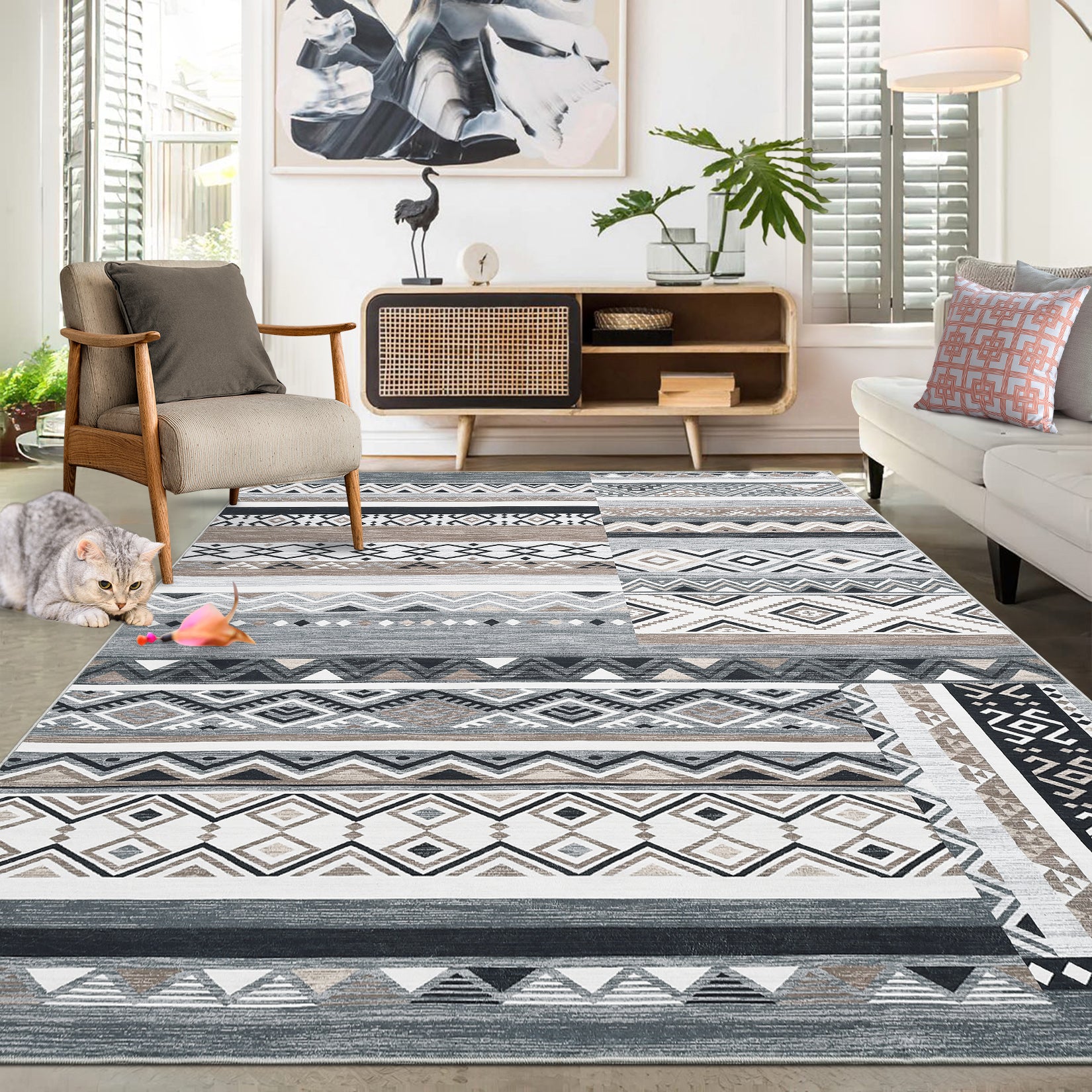 Garvee 10x13 Area Rug for Living Room Washable Rug Tribal Farmhouse Neutral Rug Geometric Rug Soft Non-Slip Low Pile Stain Resistant Rug for Dining Room Bedroom Grey/Black