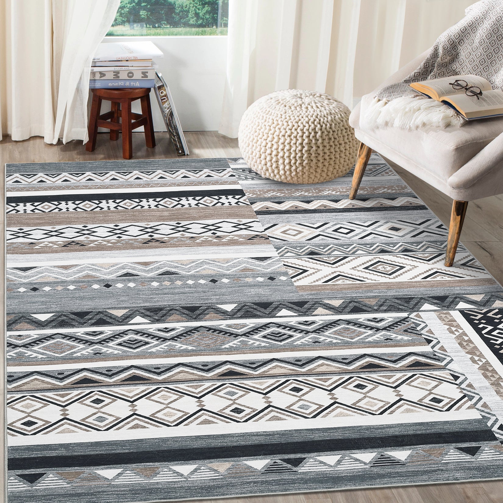 Garvee 10x13 Area Rug for Living Room Washable Rug Tribal Farmhouse Neutral Rug Geometric Rug Soft Non-Slip Low Pile Stain Resistant Rug for Dining Room Bedroom Grey/Black