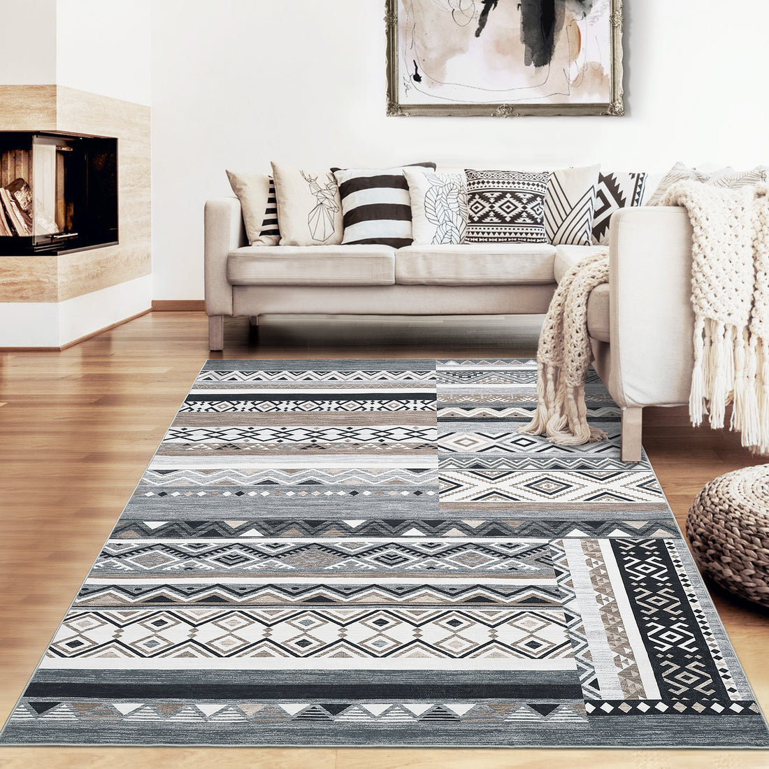 Garvee 10x13 Area Rug for Living Room Washable Rug Tribal Farmhouse Neutral Rug Geometric Rug Soft Non-Slip Low Pile Stain Resistant Rug for Dining Room Bedroom Grey/Black