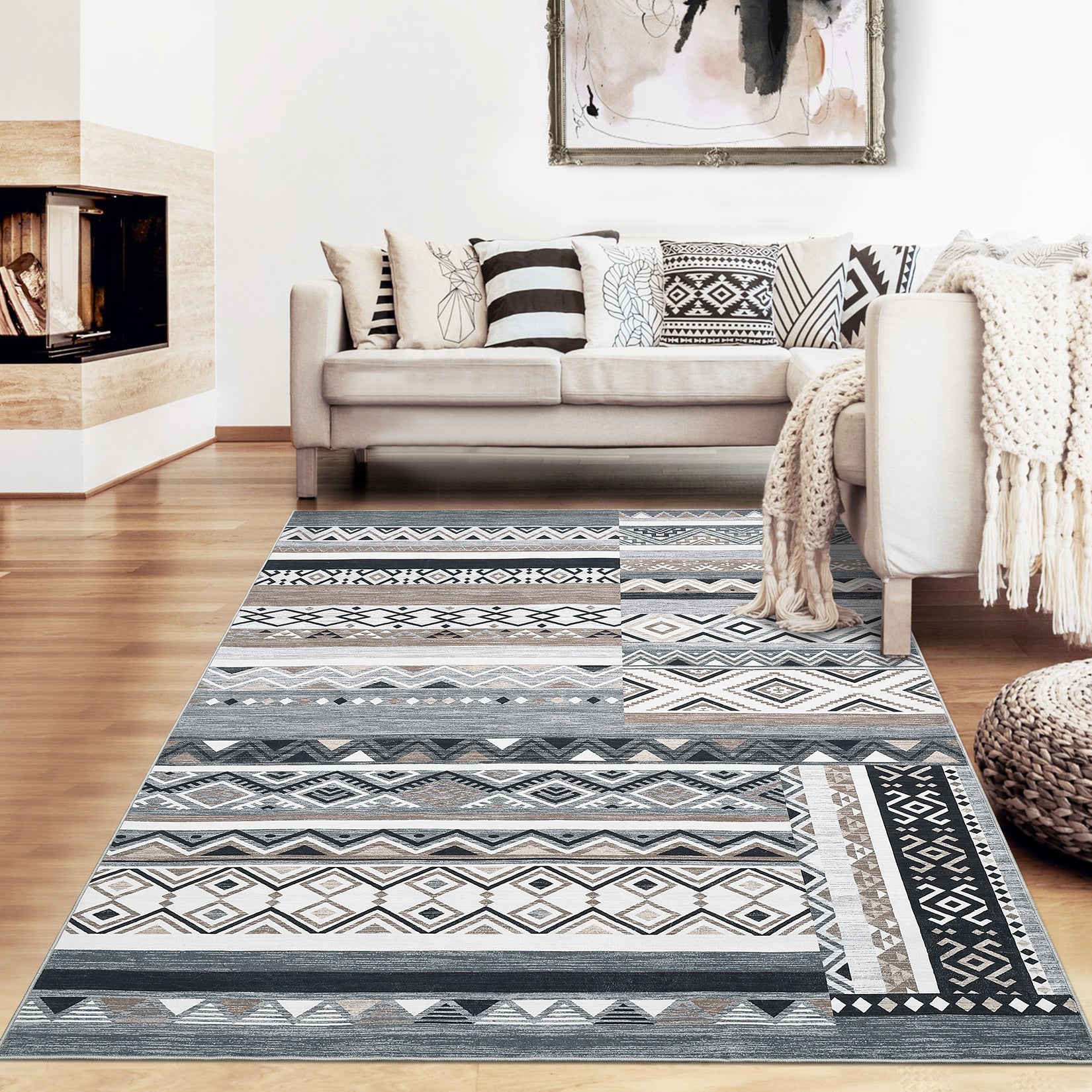 Garvee 10x13 Area Rug for Living Room Washable Rug Tribal Farmhouse Neutral Rug Geometric Rug Soft Non-Slip Low Pile Stain Resistant Rug for Dining Room Bedroom Grey/Black