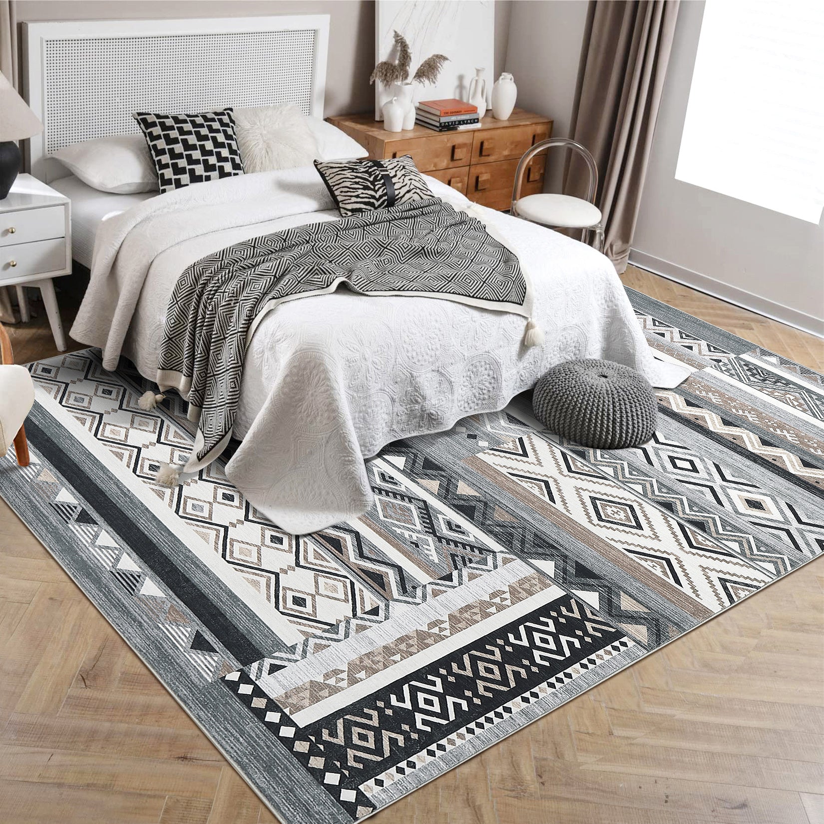 Garvee 10x13 Area Rug for Living Room Washable Rug Tribal Farmhouse Neutral Rug Geometric Rug Soft Non-Slip Low Pile Stain Resistant Rug for Dining Room Bedroom Grey/Black