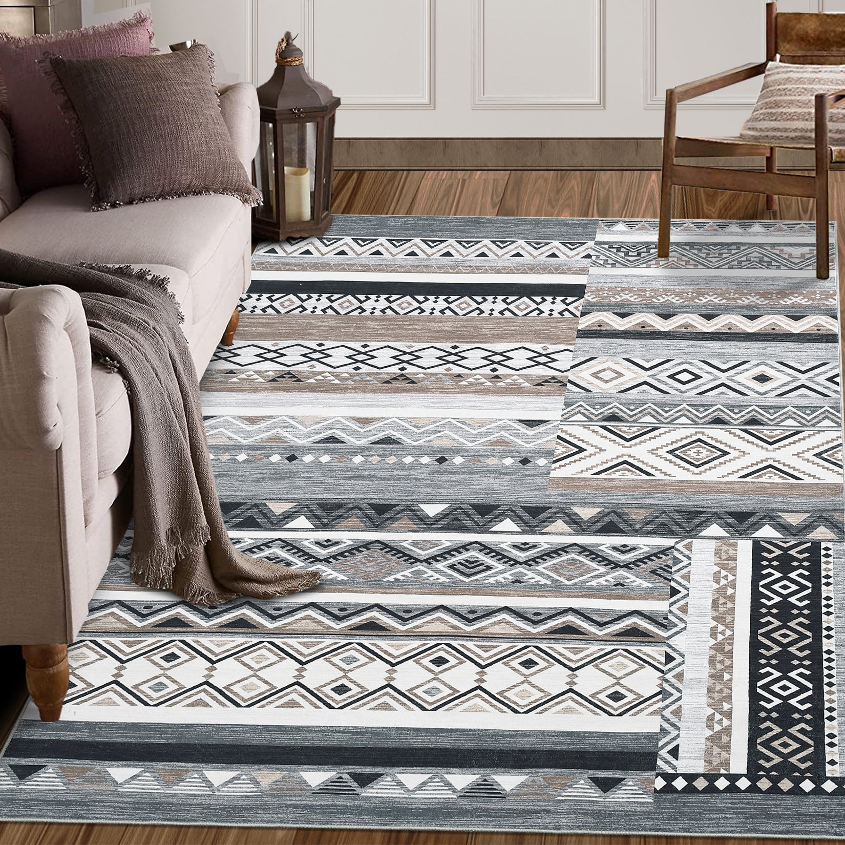 Garvee 10x13 Area Rug for Living Room Washable Rug Tribal Farmhouse Neutral Rug Geometric Rug Soft Non-Slip Low Pile Stain Resistant Rug for Dining Room Bedroom Grey/Black