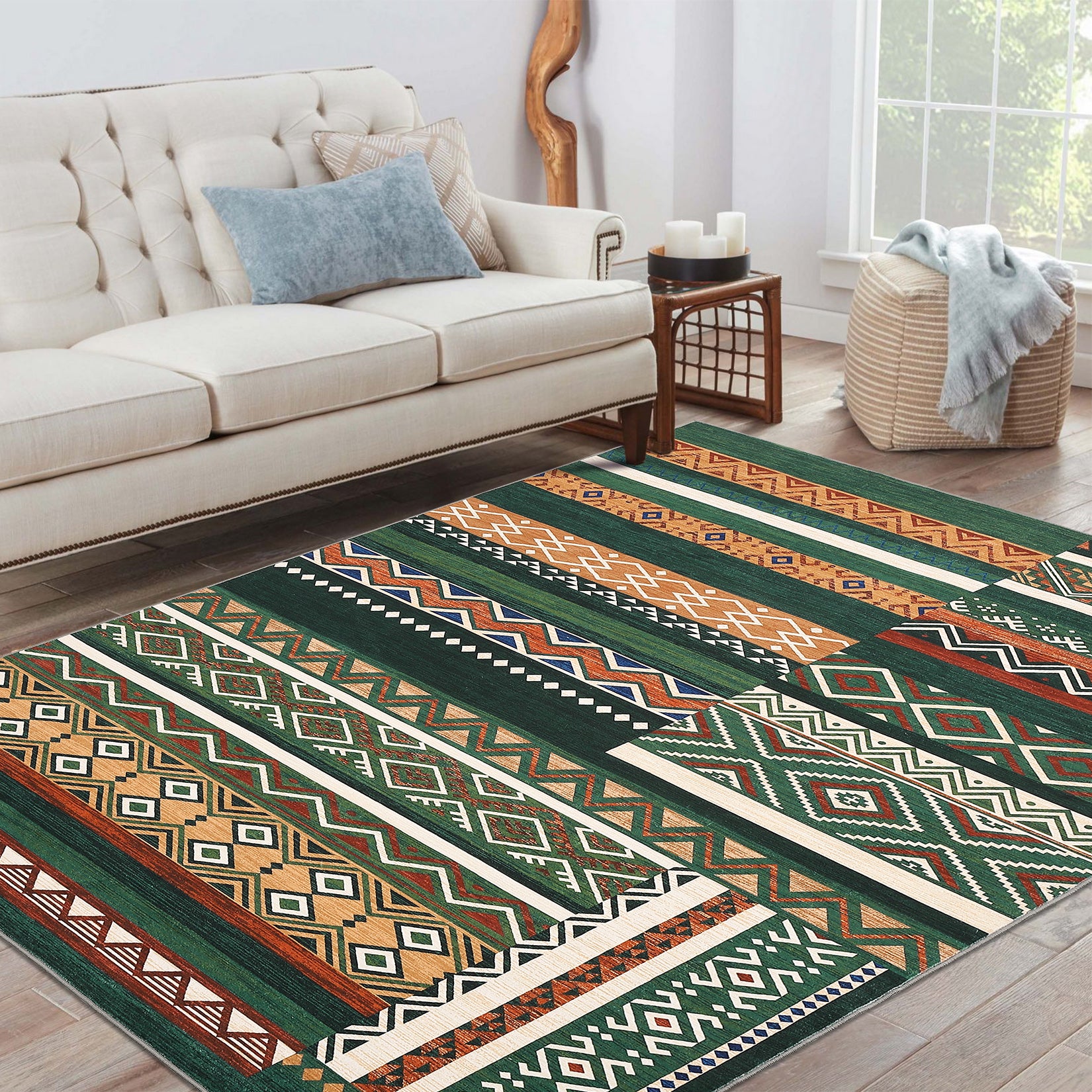 Garvee 4x6 Washable Rugs Chrismas Rug for Living Room Southwestern Tribal Geometric Area Rug for Bedroom Patchwork Office Carpet Low Pile Neutral Soft Nursery Rug Non Slip