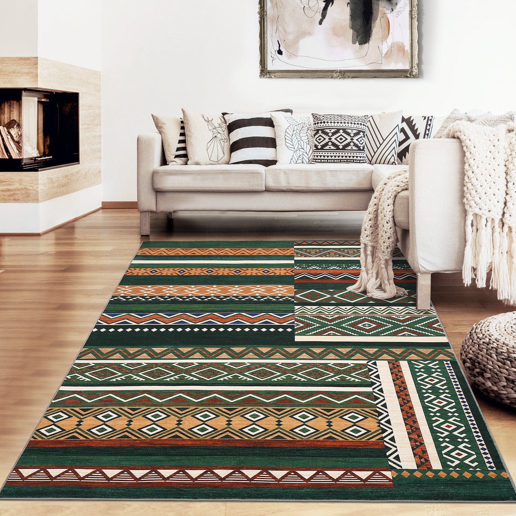 Garvee 4x6 Washable Rugs Chrismas Rug for Living Room Southwestern Tribal Geometric Area Rug for Bedroom Patchwork Office Carpet Low Pile Neutral Soft Nursery Rug Non Slip