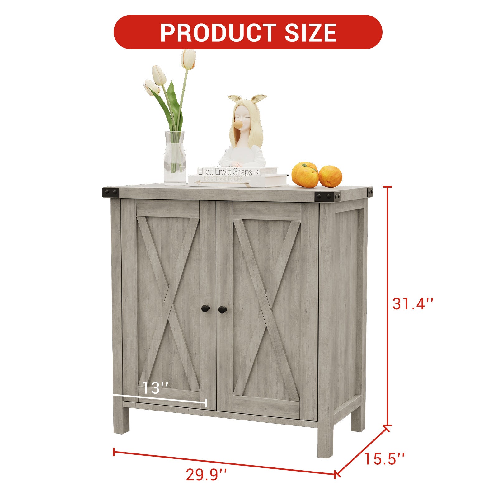 Garvee Farmhouse Buffet Cabinet with Doors and Shelves, MDF Wood, Adjustable Shelf, Metal Handles, for Living Room, Dining Room, Hallway, Grey