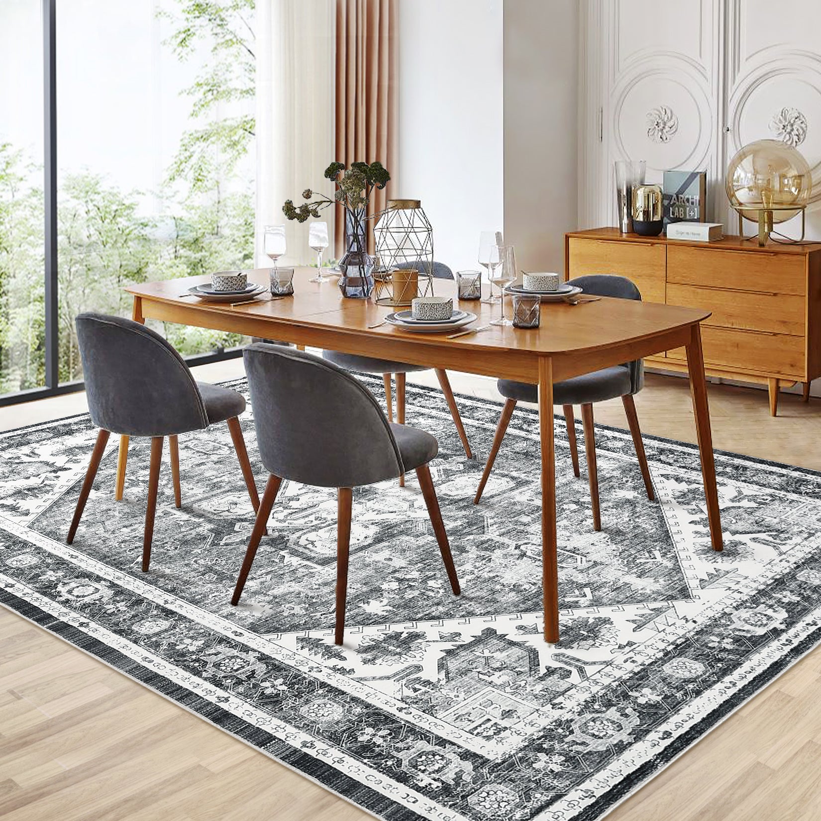 Garvee Washable Vintage Printed Area Rug, Non-Slip Ultra-Thin Low Pile Indoor Carpet for Living Room, Bedroom, and Dining Room