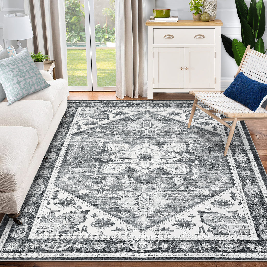 Garvee Washable Vintage Printed Area Rug, Non-Slip Ultra-Thin Low Pile Indoor Carpet for Living Room, Bedroom, and Dining Room