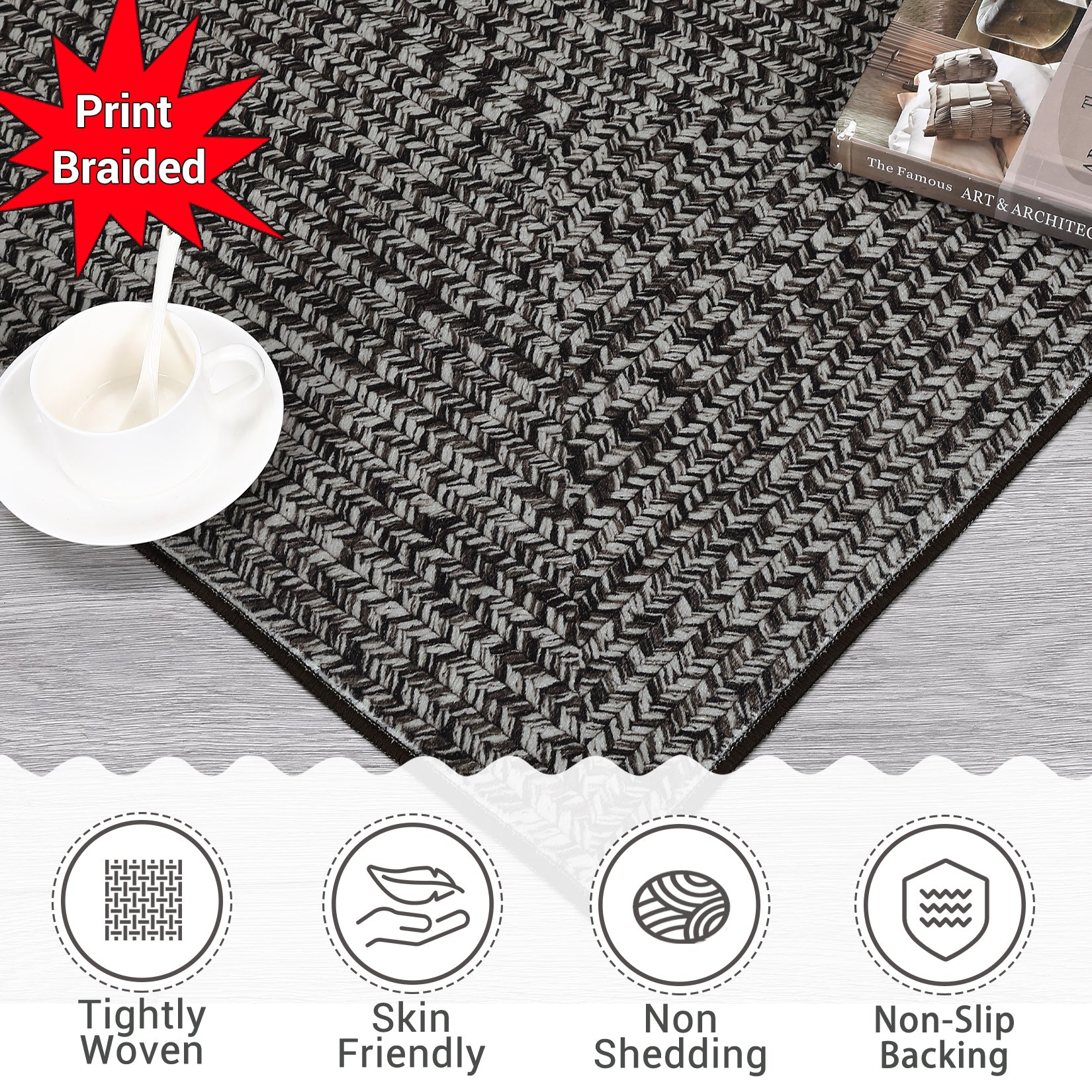 Garvee Dark Grey 8x10 Area Rug Print Braided Area Rug Machine Washable Rug for Living Room Farmhouse Solid Printed Weaving Carpet Non-Slip Stain Resistant Accent Rug Floor Cover for Home Decor