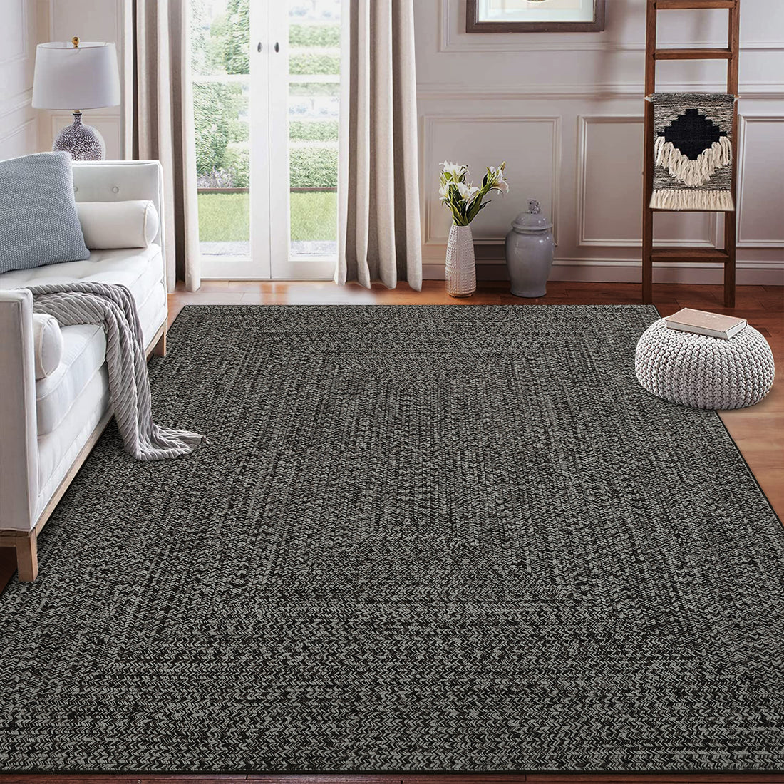 Garvee Dark Grey 8x10 Area Rug Print Braided Area Rug Machine Washable Rug for Living Room Farmhouse Solid Printed Weaving Carpet Non-Slip Stain Resistant Accent Rug Floor Cover for Home Decor