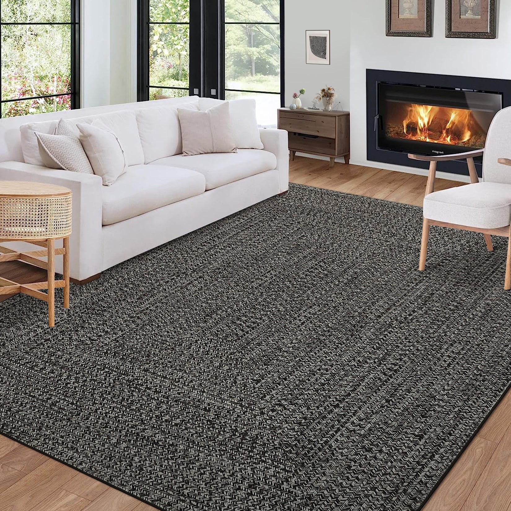 Garvee Dark Grey 8x10 Area Rug Print Braided Area Rug Machine Washable Rug for Living Room Farmhouse Solid Printed Weaving Carpet Non-Slip Stain Resistant Accent Rug Floor Cover for Home Decor