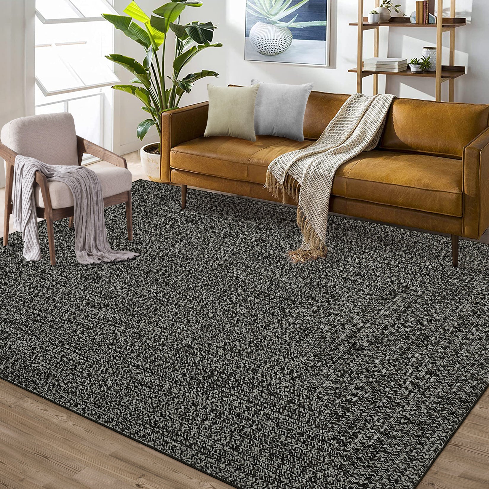 Garvee Area Rug Dark Grey 10x13 Extra Large Rug Print Braided Machine Washable Rug for Living Room, Non-Slip Stain Resistant Accent Rug Farmhouse Printed Weaving Floor Cover Carpet for Bedroom
