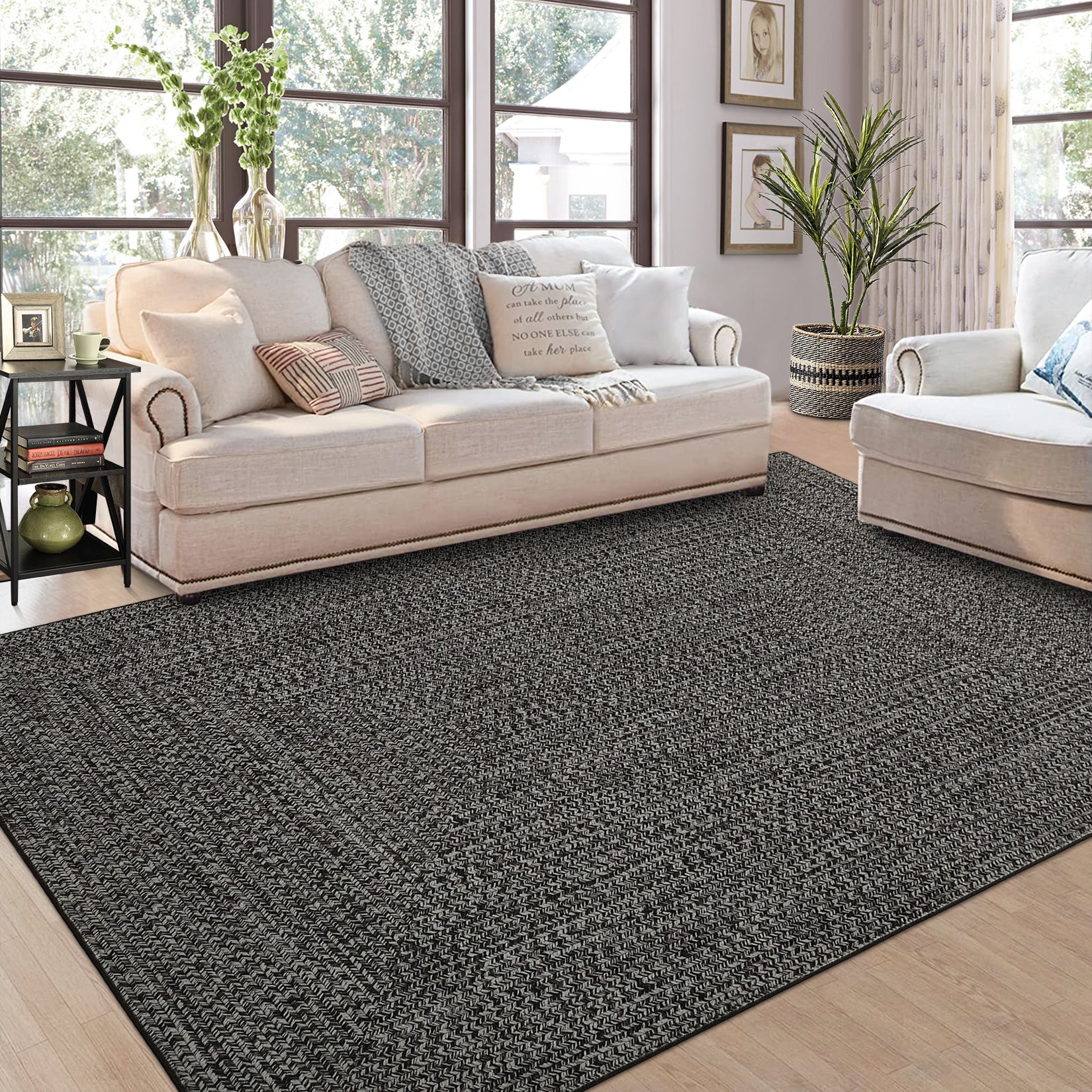 Garvee Dark Grey 8x10 Area Rug Print Braided Area Rug Machine Washable Rug for Living Room Farmhouse Solid Printed Weaving Carpet Non-Slip Stain Resistant Accent Rug Floor Cover for Home Decor