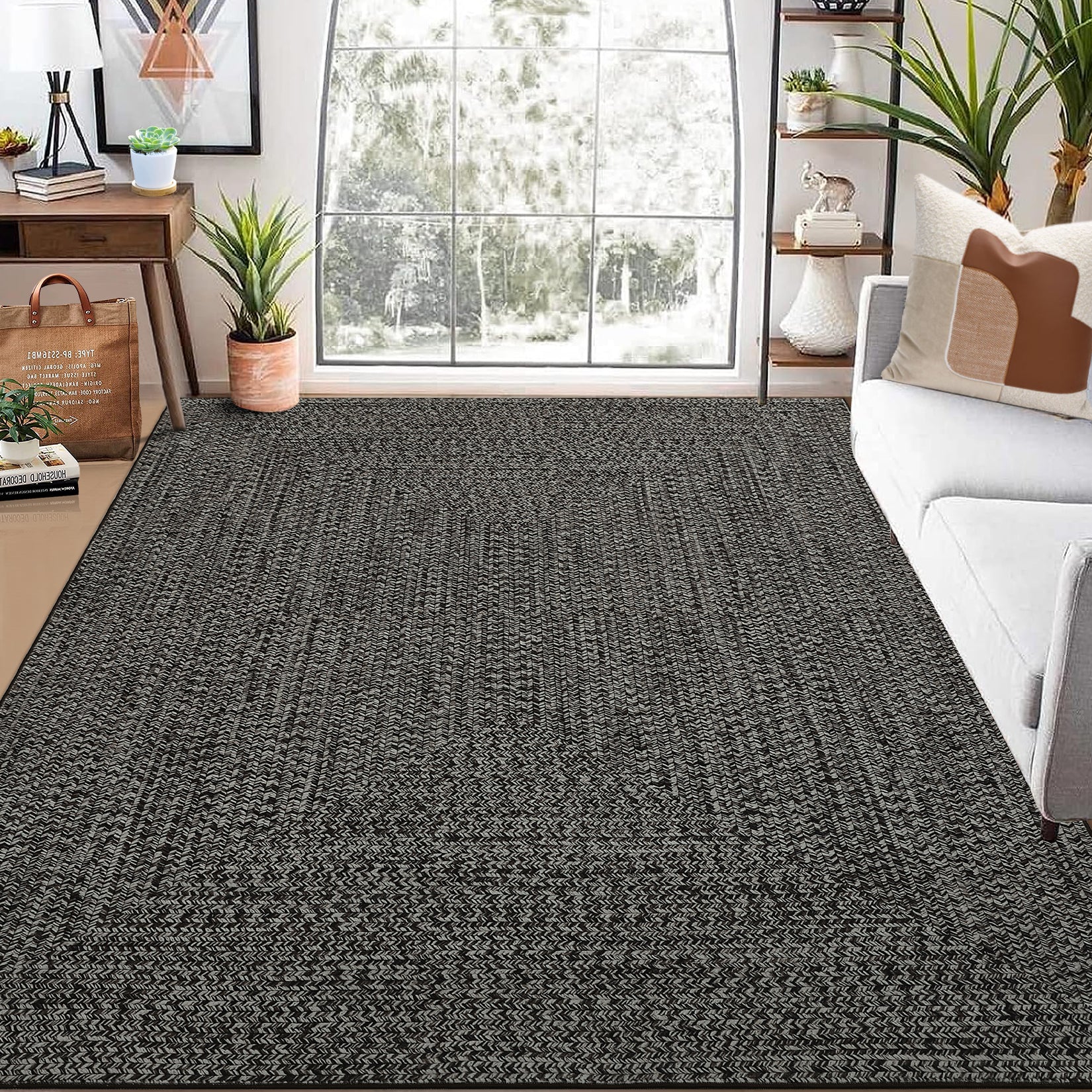 Garvee Area Rug Dark Grey 10x13 Extra Large Rug Print Braided Machine Washable Rug for Living Room, Non-Slip Stain Resistant Accent Rug Farmhouse Printed Weaving Floor Cover Carpet for Bedroom