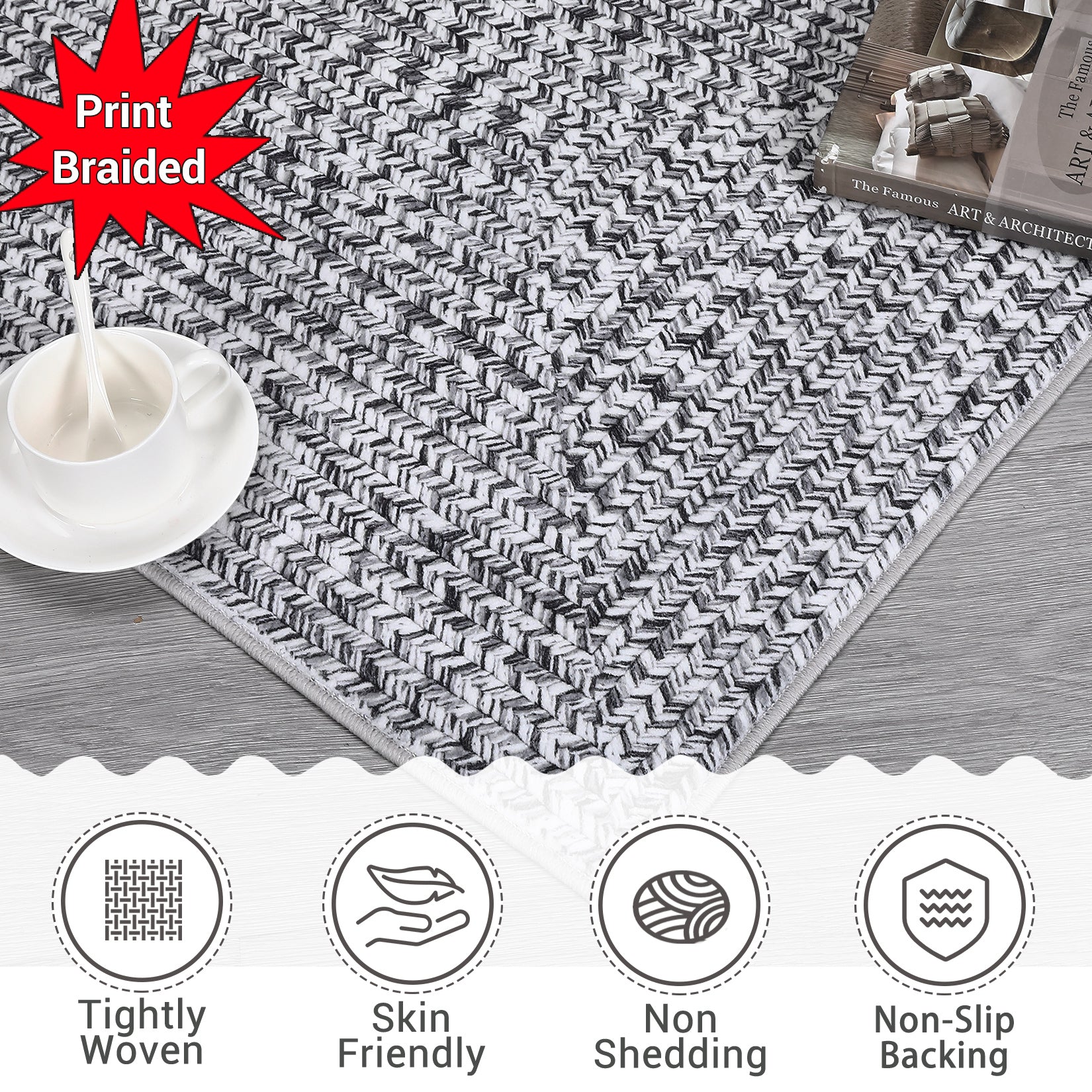Garvee Area Rug 10x13 Extra Large Rug Print Braided Machine Washable Rug for Living Room, Non-Slip Stain Resistant Accent Rug Farmhouse Printed Weaving Floor Cover Carpet for Bedroom, Grey