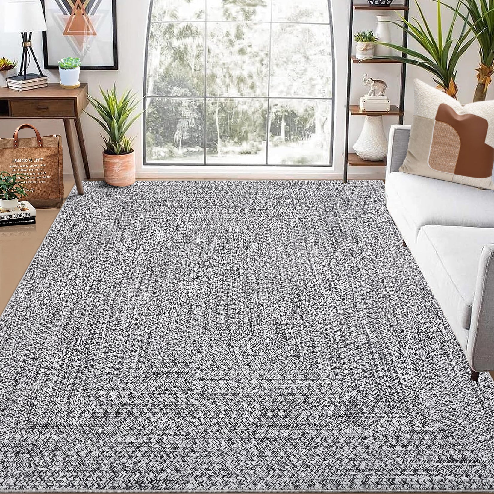 Garvee 9x12 Area Rug Print Braided Large Area Rug Machine Washable Rug for Living Room, Non-Slip Stain Resistant Accent Rug Farmhouse Solid Printed Weaving Floor Cover Carpet for Bedroom, Grey