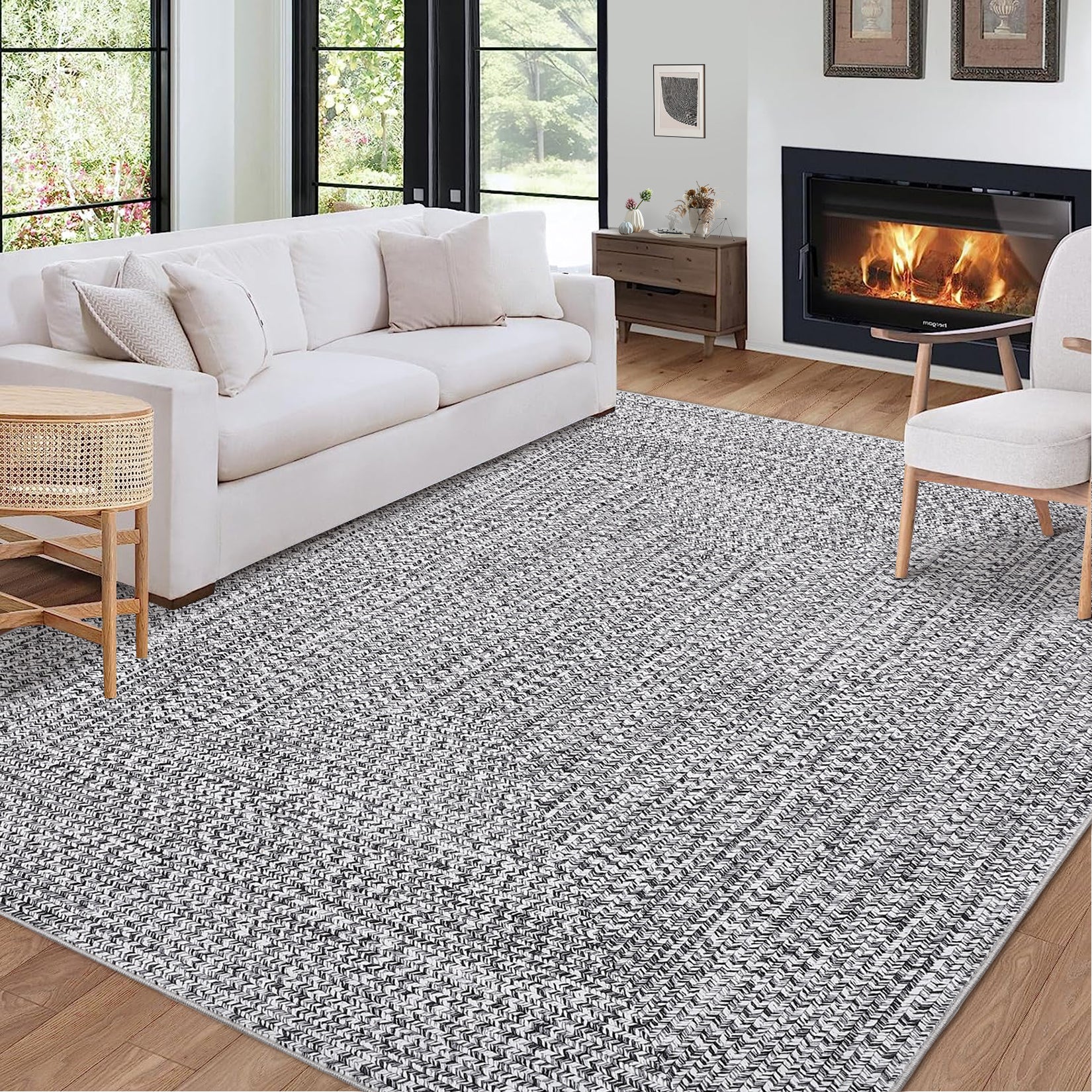 Garvee 9x12 Area Rug Print Braided Large Area Rug Machine Washable Rug for Living Room, Non-Slip Stain Resistant Accent Rug Farmhouse Solid Printed Weaving Floor Cover Carpet for Bedroom, Grey