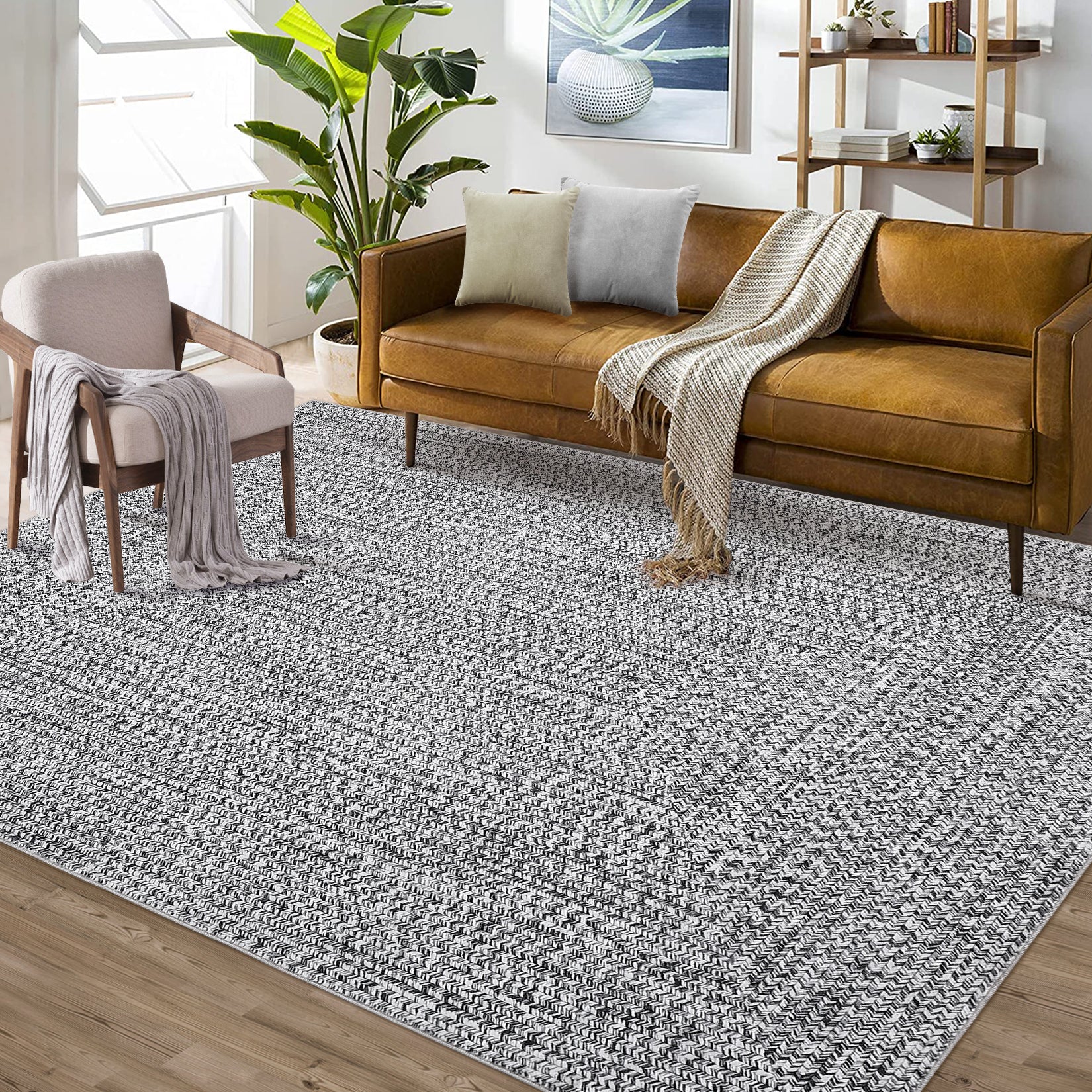 Garvee 9x12 Area Rug Print Braided Large Area Rug Machine Washable Rug for Living Room, Non-Slip Stain Resistant Accent Rug Farmhouse Solid Printed Weaving Floor Cover Carpet for Bedroom, Grey